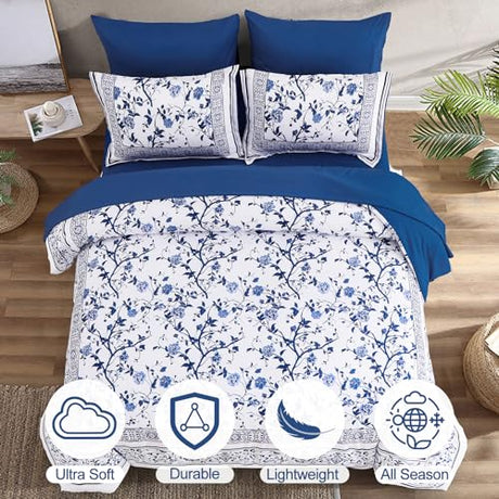 Dobuyly Floral Queen Comforter Set, 7 Piece Bed in a Bag Queen Size Blue Flowers on White Botanical Bedding Set, Soft Microfiber Bedding Comforter Sets with Sheets for All Season Dobuyly