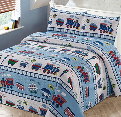 Kids Zone Home Linen Bedspread Coverlet Quilt Set for Boys Multi-Color Train Choo-Choo Rail Roads Tracks Wagon Blue White Red (Twin) Kids Zone Home Linen