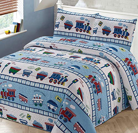 Kids Zone Home Linen Bedspread Coverlet Quilt Set for Boys Multi-Color Train Choo-Choo Rail Roads Tracks Wagon Blue White Red (Twin) Kids Zone Home Linen