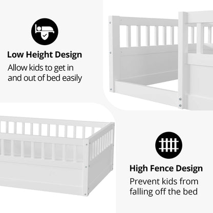 Mirightone Full Size Montessori Floor Bed with High Fence Rails in White for Kids - WoodArtSupply