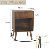 Fultyle Mid Century Modern Nightstand with Charging Station, Modern Bedside Table with Fluted Drawer and Storage Shelf, End Side Tables Living Room for Bedroom, Office (Rustic Brwon) Fultyle