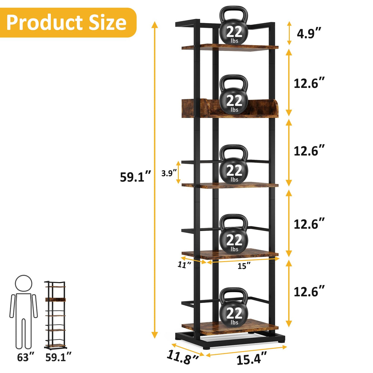 Narrow 5-Tier Industrial Rustic Brown Bookshelf with Metal Edge Protection Hosfais