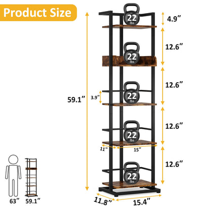 Narrow 5-Tier Industrial Rustic Brown Bookshelf with Metal Edge Protection - WoodArtSupply