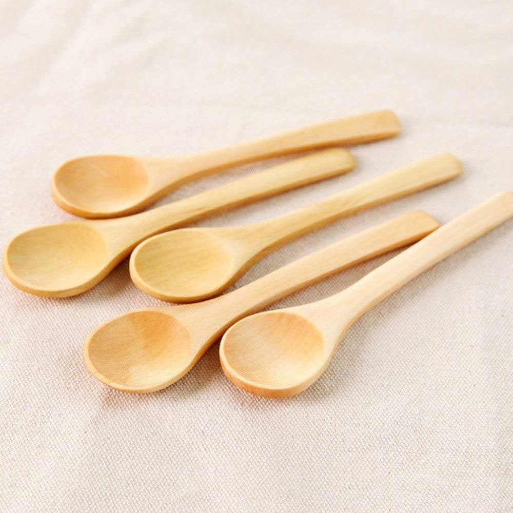 FOYARA Small Wooden Salt Spoon Solid Wood Condiments Spoon Handmade Honey Teaspoon 5 inch - Set of 10