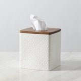 Motifeur Bathroom Accessories - Ceramic Tissue Holder with Wooden Lid, Decorative Square Tissue Cover Box (White and Beige) Motifeur