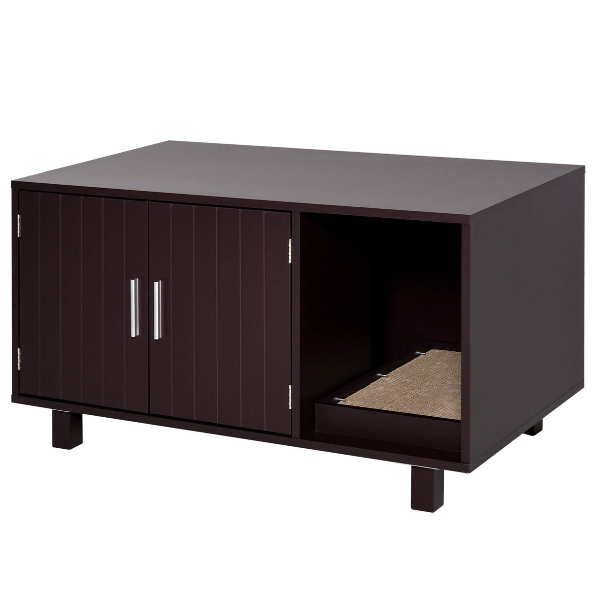 PawHut Wooden Cat Litter Box Enclosure & House, Kitty Hidden Washroom, with End Table Design, Scratcher, & Magnetic Doors, Brown PawHut