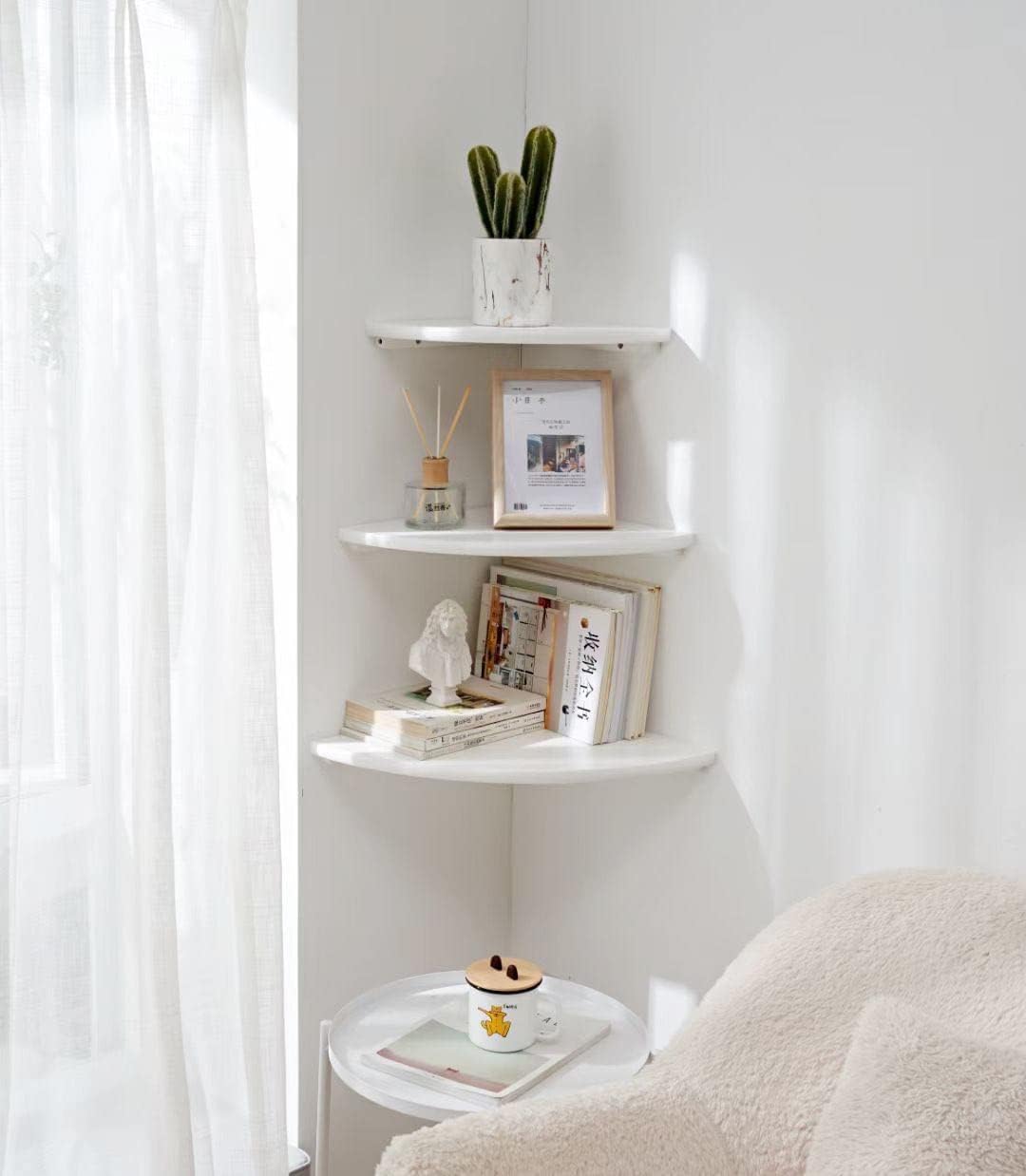 Corner Shelf, White Solid Oak Wood Floating Corner Shelf Wall Mount Round End Floating Speaker Shelf Display Shelf for Small Plant Photo Frame (White, 7in) Conamily