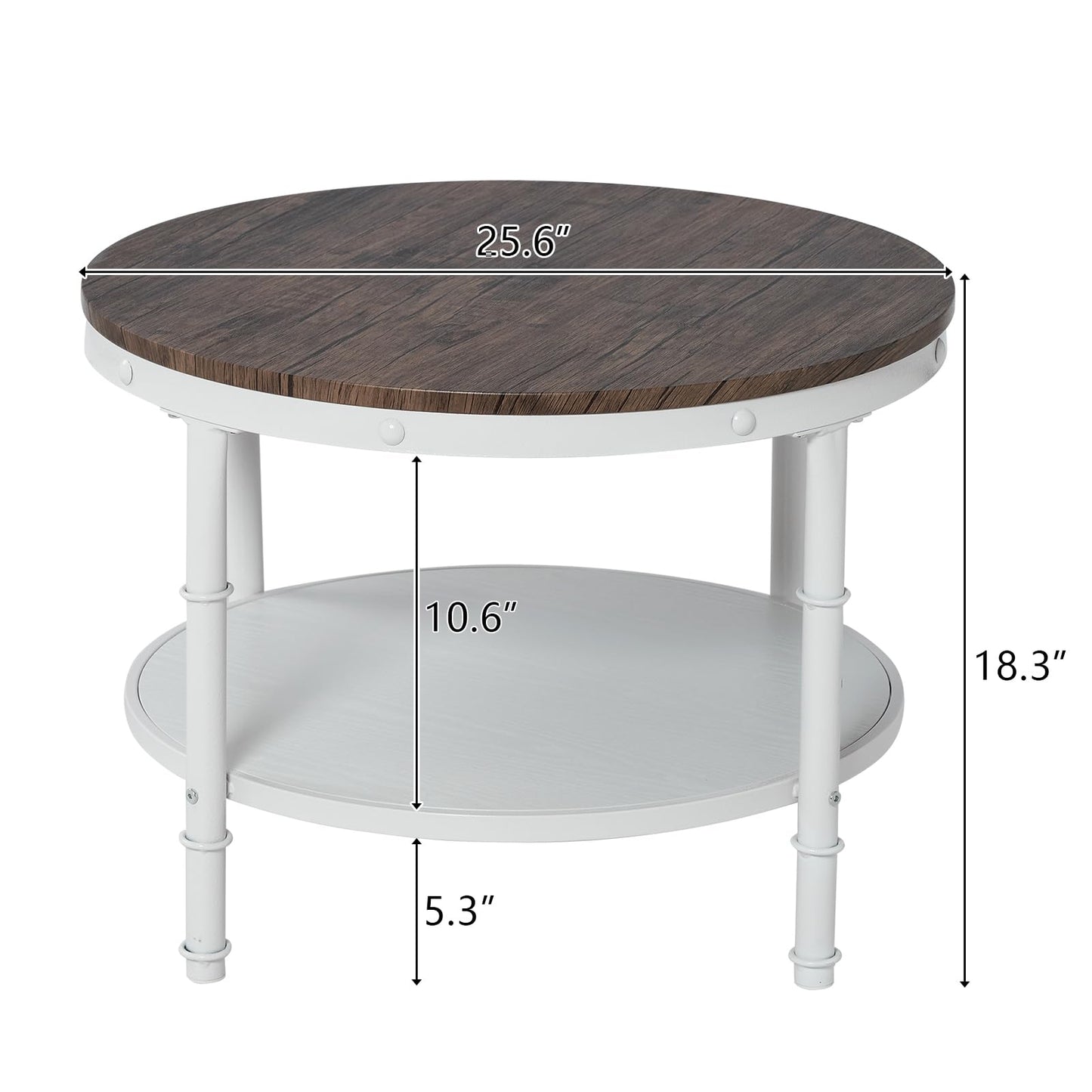 VINGLI 25.6" Dark Walnut White Round Farmhouse Coffee Table, 2-Tier Storage Wood Center Circle Accent Table for Living Room, Bedroom, Apartment, Studio and Small Spaces, Sturdy Metal Frame - WoodArtSupply