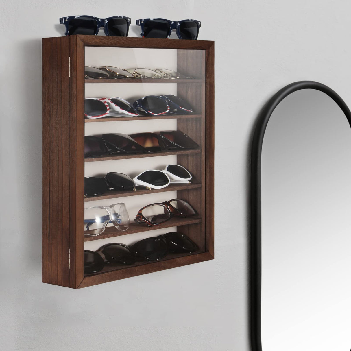 TJ.MOREE Sunglasses Organizer Storage Wall Mounted: 13 x 15.6 inches Eyewear Display Case Rustic Wood Eyeglasses Holder Large Glasses Storage Box, Brown TJ.MOREE