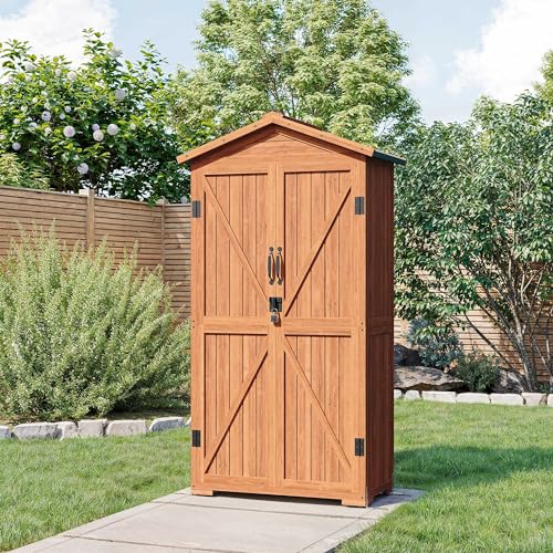 BELLEZE Outdoor Storage Shed with 4 Removeable Shelves, Wooden Garden Shed Lockable Tool Cabinet with Waterproof Roof, Outside Tall Tool Shed for Patio Backyard Lawn Yard - Wood - WoodArtSupply