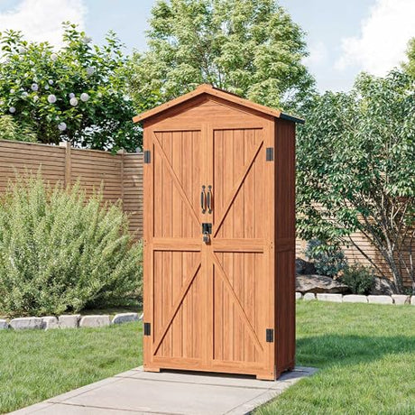 BELLEZE Outdoor Storage Shed with 4 Removeable Shelves, Wooden Garden Shed Lockable Tool Cabinet with Waterproof Roof, Outside Tall Tool Shed for Patio Backyard Lawn Yard - Wood BELLEZE
