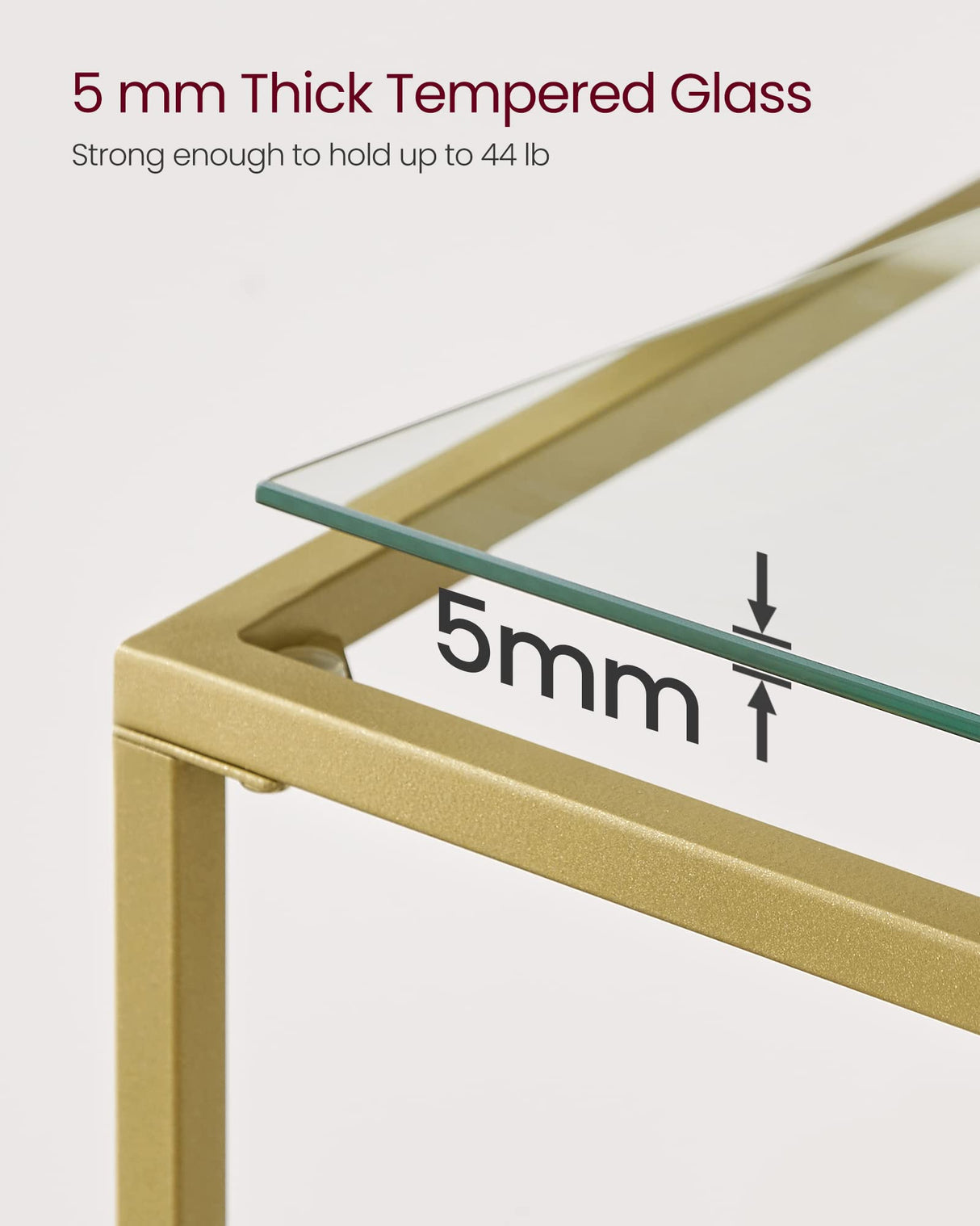 VASAGLE 47.2 Inch Console Sofa Table, Modern Entryway Table, Tempered Glass Table, Metal Frame, 2 Shelves, Adjustable Feet, for Living Room, Hallway, Gold Color ULGT045A61 VASAGLE