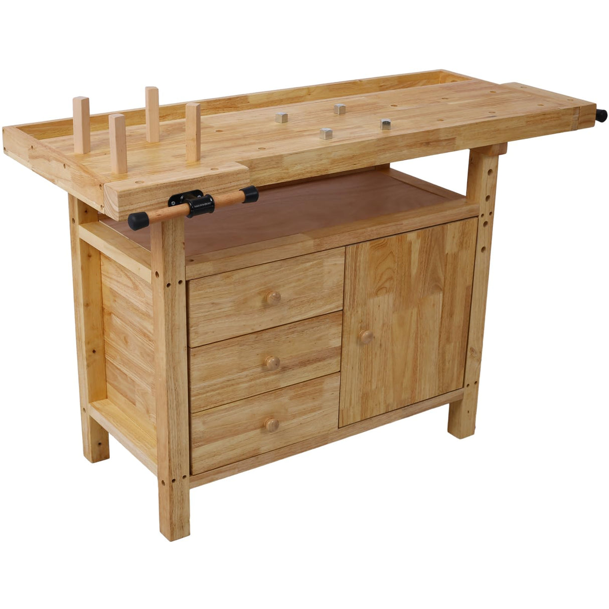 Montary 50-Inch Wood Workbench - Rubber Wooden Heavy Duty Work Bench with 3 Drawers 1 Cabinet Door and Shelf Integrated Vises for Garage Workshop, Woodworking and Home Montary