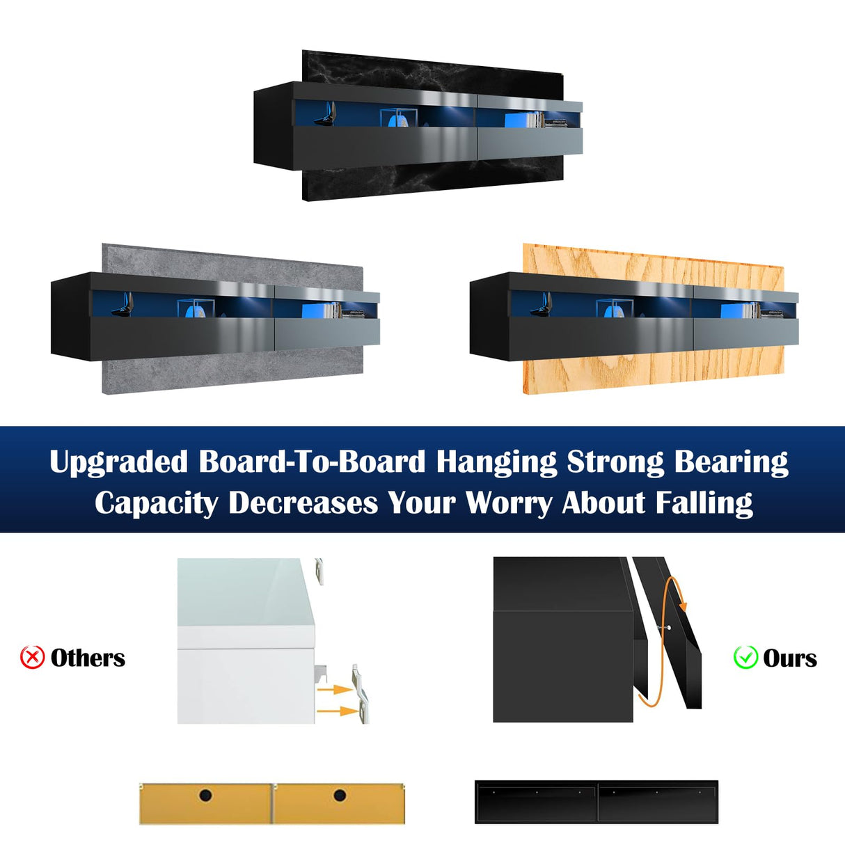 wuleen Floating TV Stand, 71" Floating Entertainment Center Wall Mounted,Floating Wall Mounted TV Shelf with Led Lights and Power Outlet,Modern High Gloss tv Cabinet Media Console with Storage wuleen