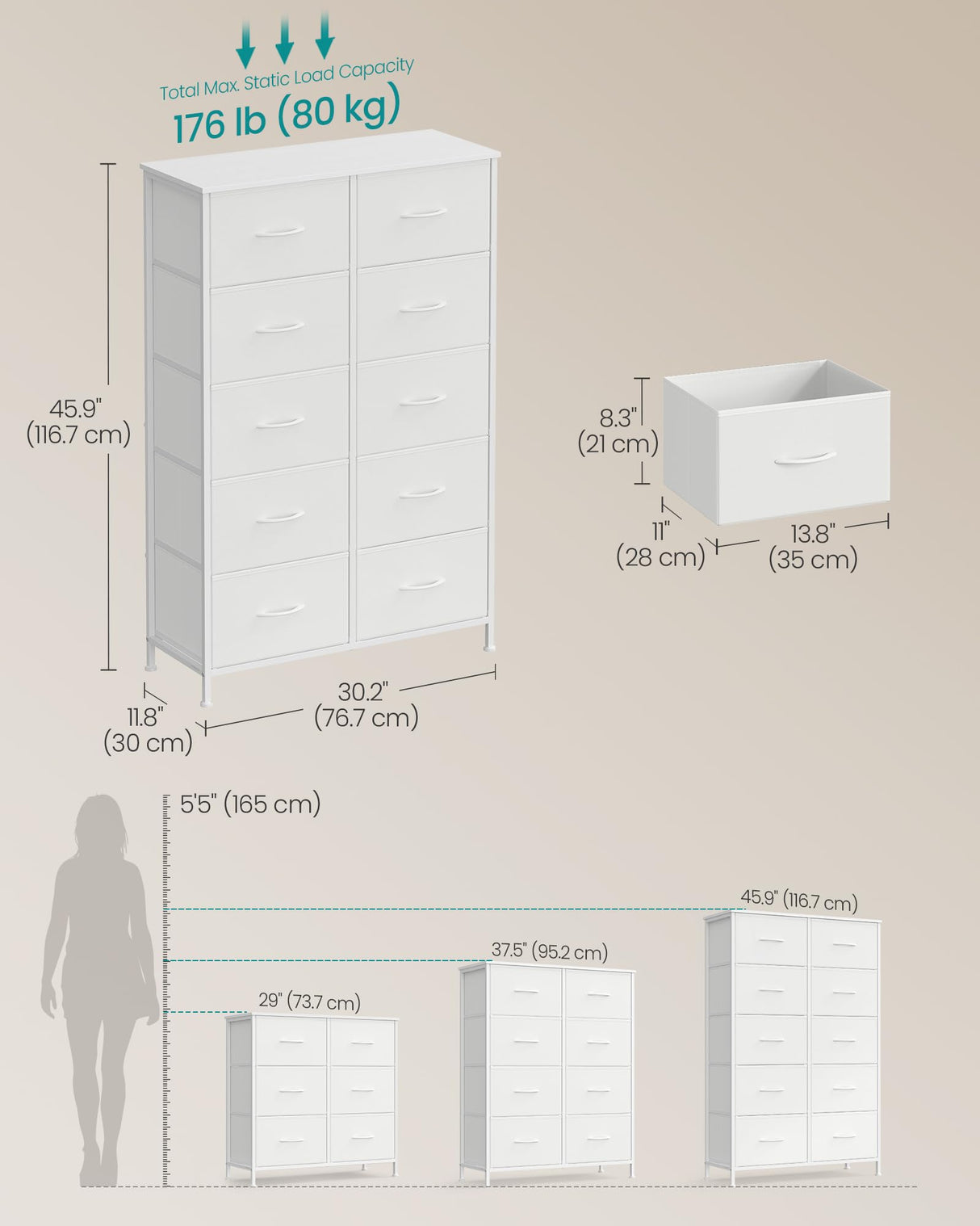 SONGMICS Dresser for Bedroom, Chest of Drawers, Steel, MDF, 10 Non-Woven Fabric Drawers, Storage Organizer Unit, Closet, Entryway, Cloud White and Snow White ULGS125W01S SONGMICS