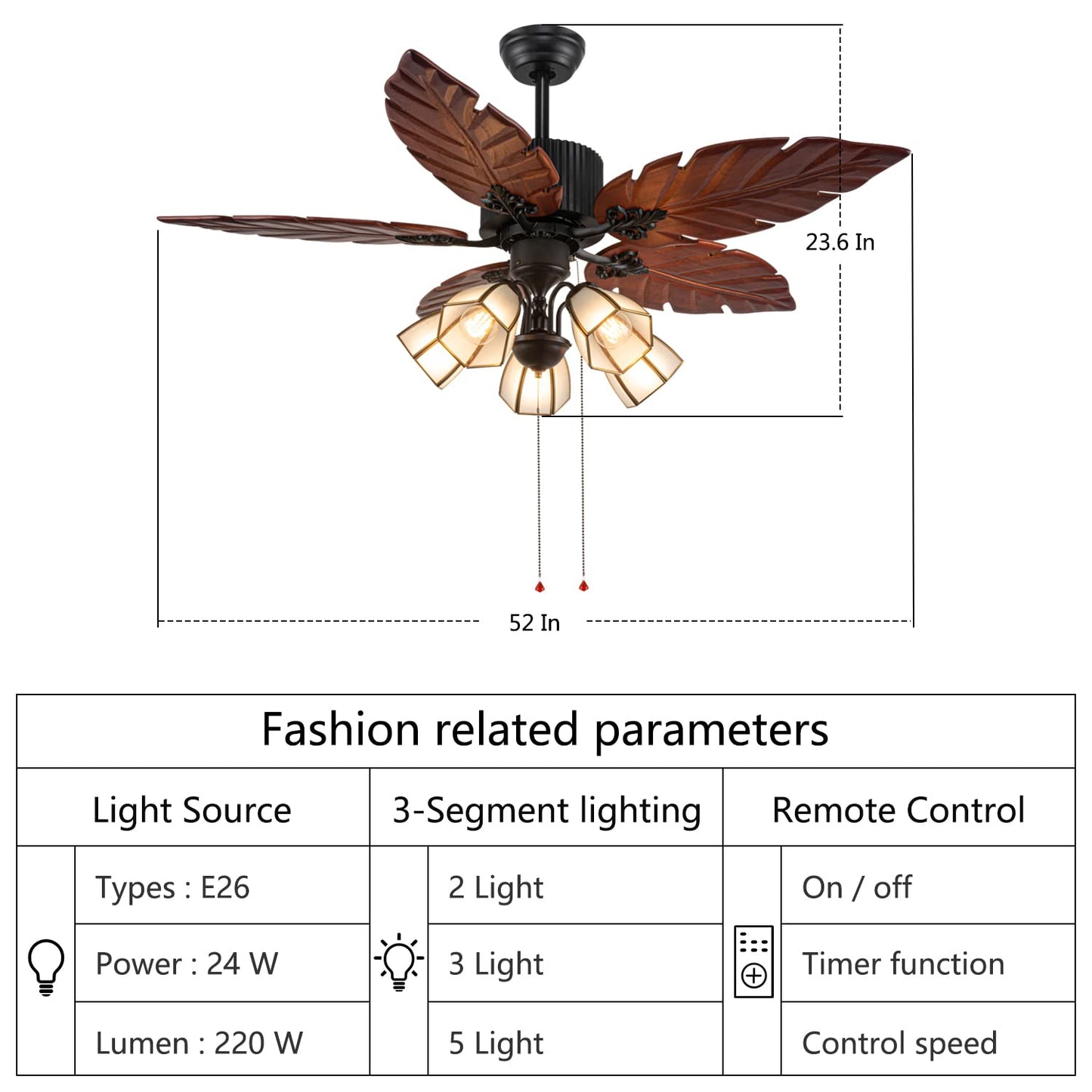 52'' Tropical Ceiling Fan with Remote Palm Wooden Leaf Ceiling Fan with 5 Glass Lampshade and Hand-Carved Reversible Blades for Indoor/Outdoor Living Room Bedroom Kitchen by Akronfire - WoodArtSupply