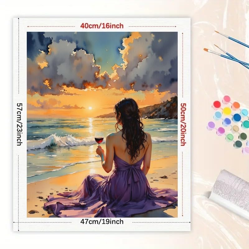 Romantic Paint by Numbers Kit for Adults - DIY Woman Watching Sunset with Wine Glass Painting on Canvas 16x20 Inches, Acrylic Paint Set, Suitable for Beginners, Beach Art for Home Decoration TAOPAOLAB