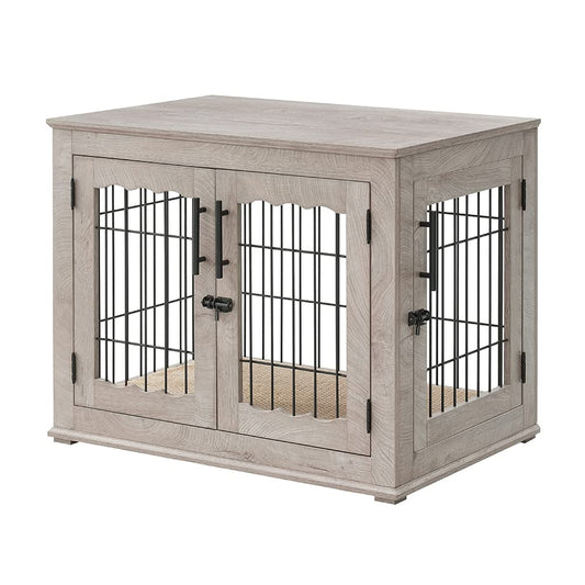 beeNbkks Furniture Style Dog Crate End Table, Double Doors Wooden Wire Dog Kennel with Pet Bed, Decorative Pet Crate Dog House Indoor Medium Large