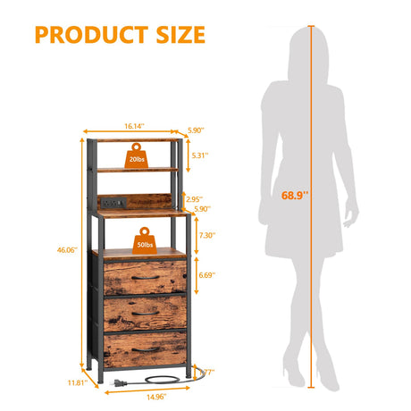 Furnulem Night Stand, Tall Nightstand with 4-Tier Shelves and 3 Fabric Drawers, LED Bed Side Tables with Charging Station, Bedside Table for Bedroom, Hallway, Office, Rustic Brown Furnulem
