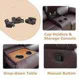 Toseslo Manual Reclining Couch Sofa Set with Drop-Down Table, 3 Pieces Brown Leather Recliner Couch Sets, Living Room Furniture Sets, Recliner Sofa with Storage Console/Cup Holder for Home/Apartment Toseslo