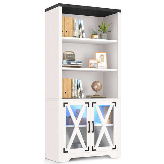 YITAHOME LED Light Farmhouse Bookcase with Doors, White Wooden Storage Cabinet