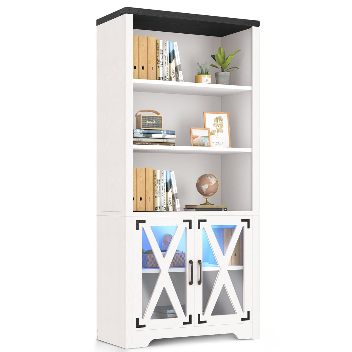 YITAHOME Farmhouse Storage Cabinet with Acrylic Doors & Led Light, 5 Tier Bookshelf and Bookcase, Pantry Cabinet for Living Room, Kitchen, Dining Room - White YITAHOME