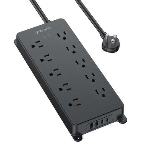 TROND Power Strip Surge Protector, 4000J, ETL Listed, 10 Widely Spaced Outlets with 4 USB Ports (2 USB C), Flat Plug 5ft Extension Cord, Wall Mountable, 14AWG Heavy Duty, for Home Office Garage, Black TROND