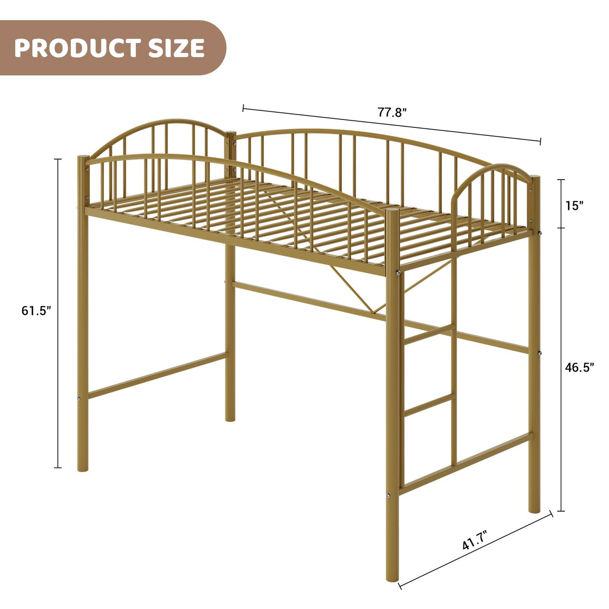 Garvee Loft Bed Twin Size with Ladde and Arched Guardrail, Heavy Duty Metal Loft Bed Frame for Kids and Adults, Sturdy Steel Slats Support, Small Space Saving Design, No Box Spring Needed, Gold Garvee