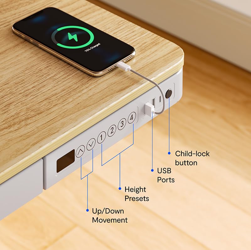 FLEXISPOT Electric Standing Desk with Drawer Storage Adjustable Height Quick Assembly Table w/USB Charge Ports, Child Lock （Natural Desktop + White Frame） - WoodArtSupply