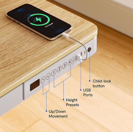 FLEXISPOT Electric Standing Desk with Drawer Storage Adjustable Height Quick Assembly Table w/USB Charge Ports, Child Lock （Natural Desktop + White Frame） FLEXISPOT