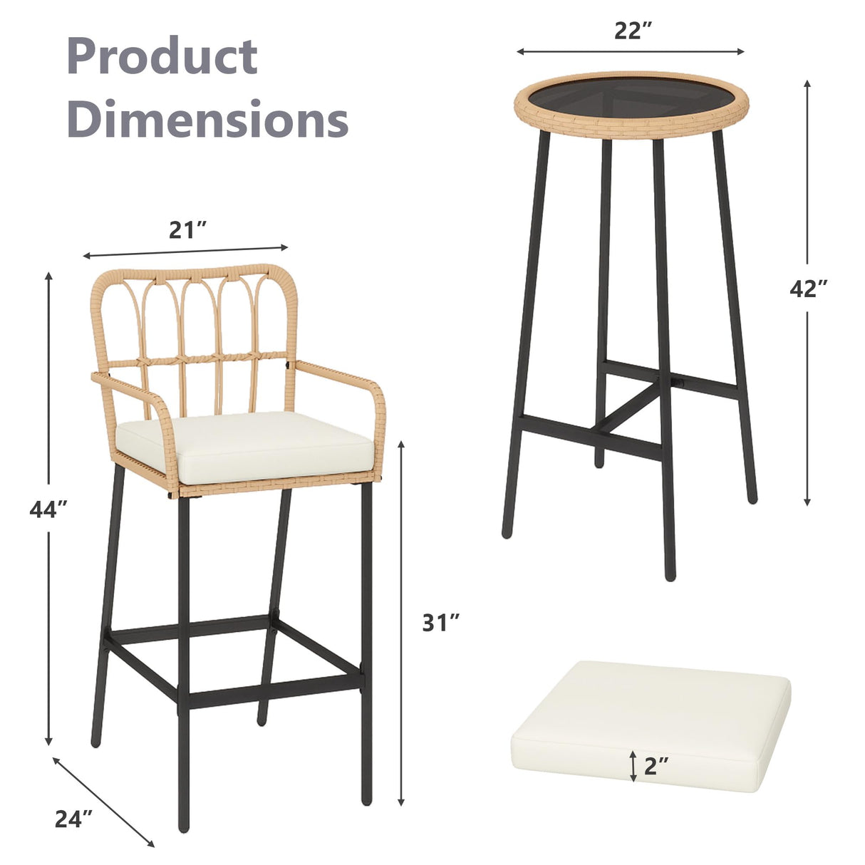 LQFATEST 3 Pieces Outdoor Bar, Wicker Outdoor Bar Table and Outdoor Bar Stool Set of 2, Outdoor Bar Set with Thick Lumbar Pillow for Backyards, Porches-Beige LQFATEST