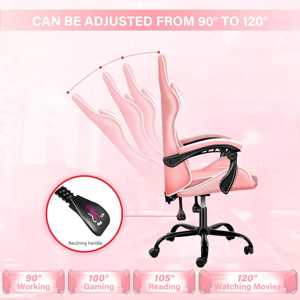 Pink Gaming Chair, Big and Tall Gamer Chair, Racing Style Adjustable Swivel Office Chair, Ergonomic Video Game Chairs with Headrest and Lumbar Support Simple Deluxe