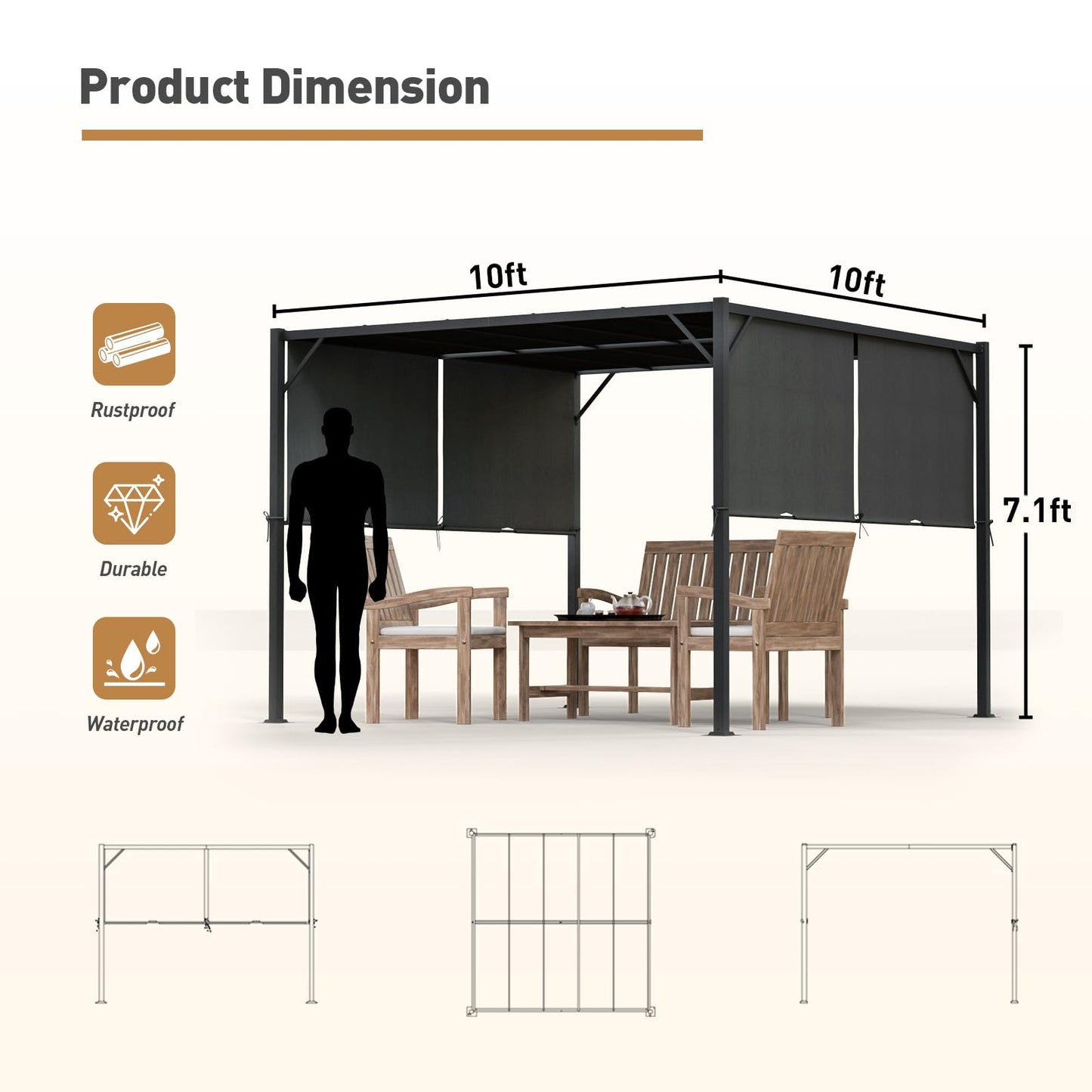 COSIEST 10'×10' Double Canopy Pergola, Outdoor All Iron Pergola with Two sunshades, Hardtop Gazebo Sun Shade for Patio Garden Backyard Pavilion, Grey - WoodArtSupply