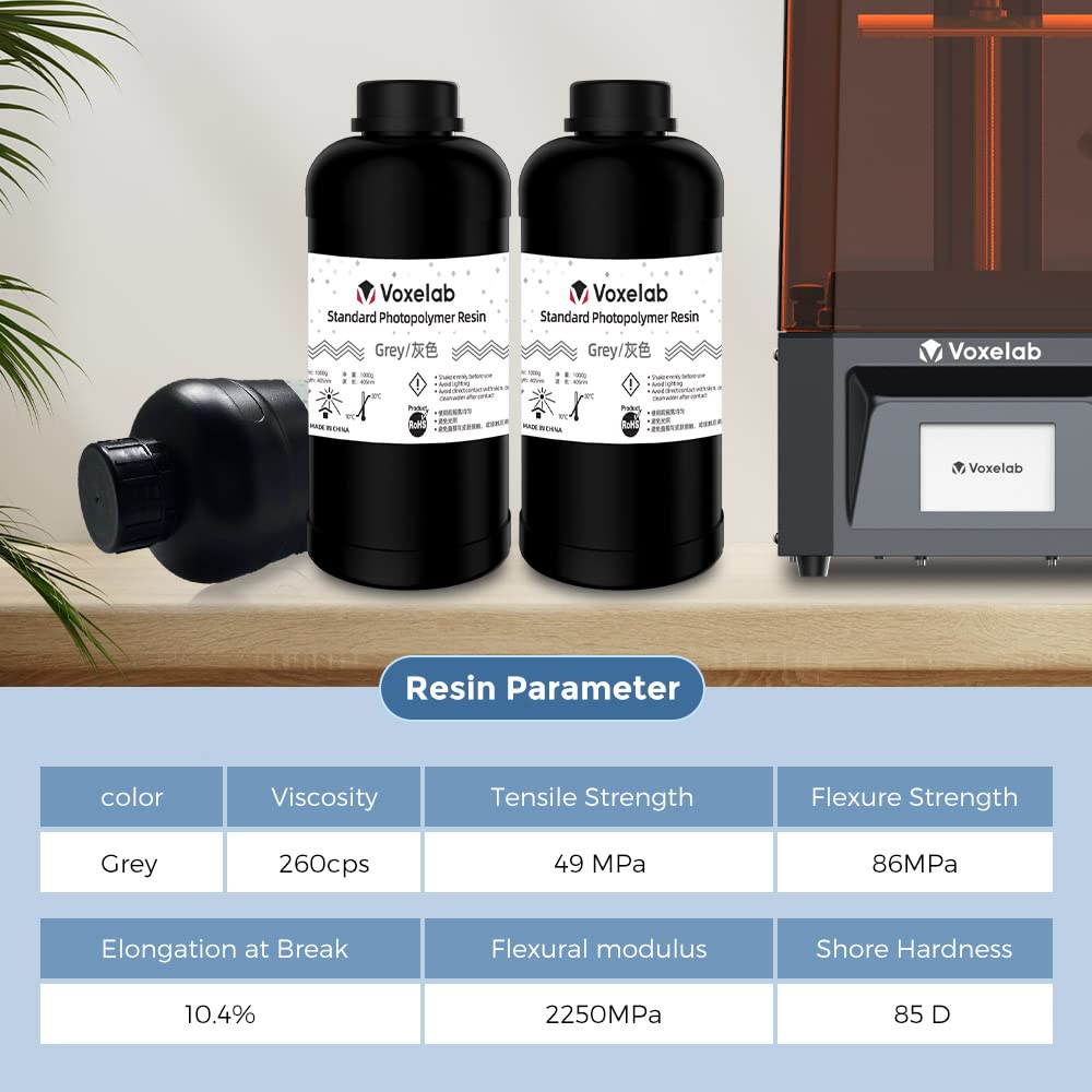 VOXELAB 3D Printer Resin, Rapid Resin LCD UV-Curing Resin 405nm Standard Photopolymer Resin for LCD 3D Printing, High Precision & Quick Curing & Excellent Fluidity - 1000g (Grey)