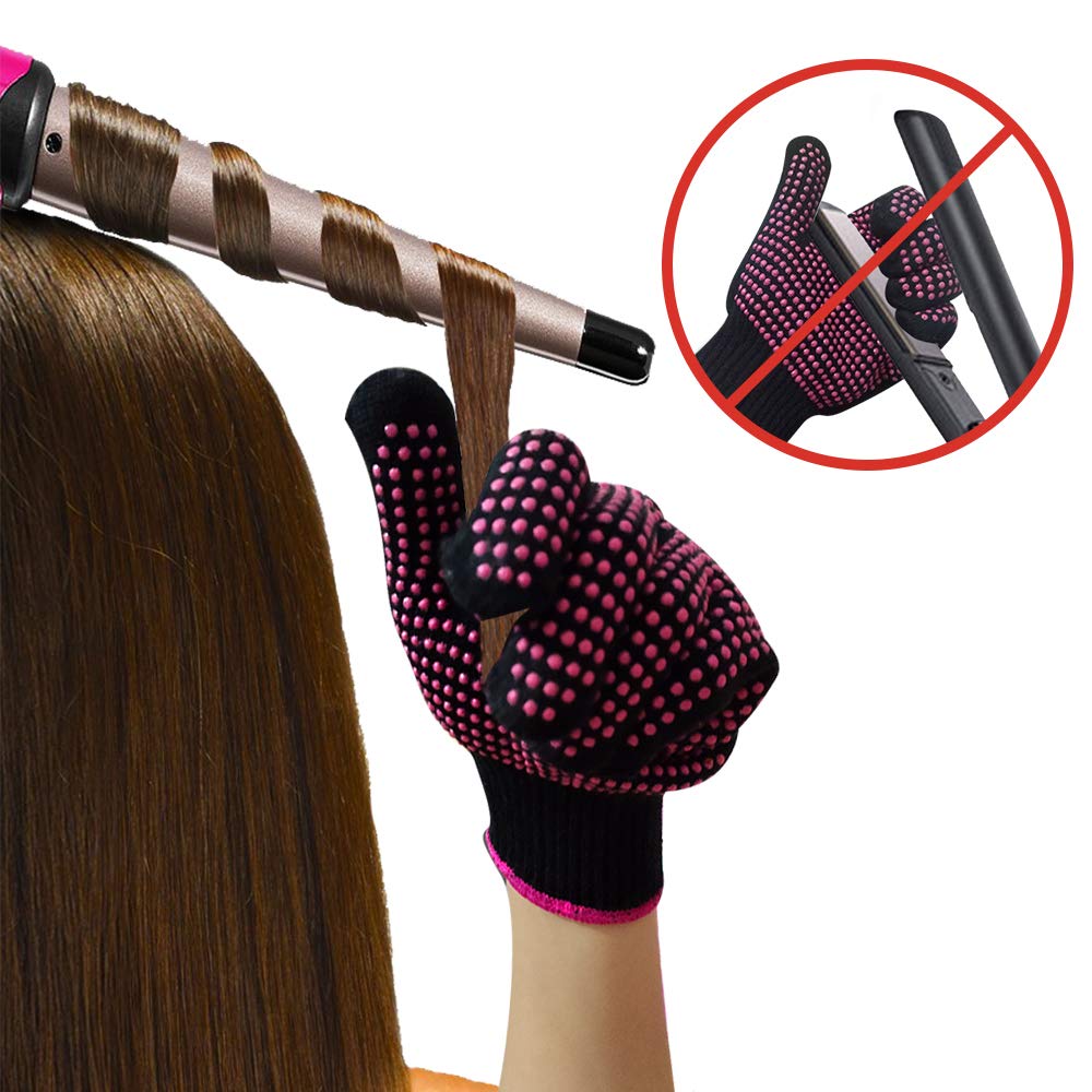 AFT90 2 Pcs Professional Heat Resistant Glove for Hair Styling Heat Blocking Gloves for Curling, Flat Iron and Hair Styling Tools, Silicone Bump, Pink Edge AFT90