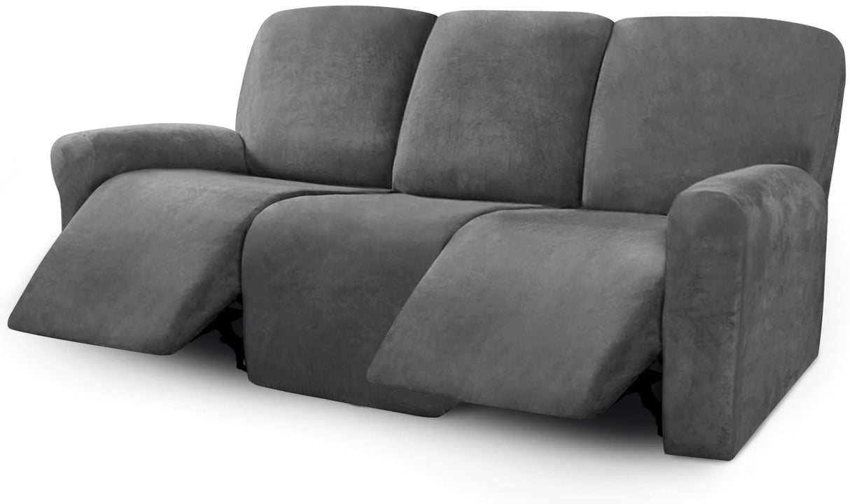 ULTICOR Velvet 8-Pieces Recliner Sofa Covers Stretch Reclining Couch Covers for 3 Cushion Reclining Sofa Slipcovers Furniture Covers Thick Soft Washable (3 Seater Recliner Cover, Dark Gray) ULTICOR