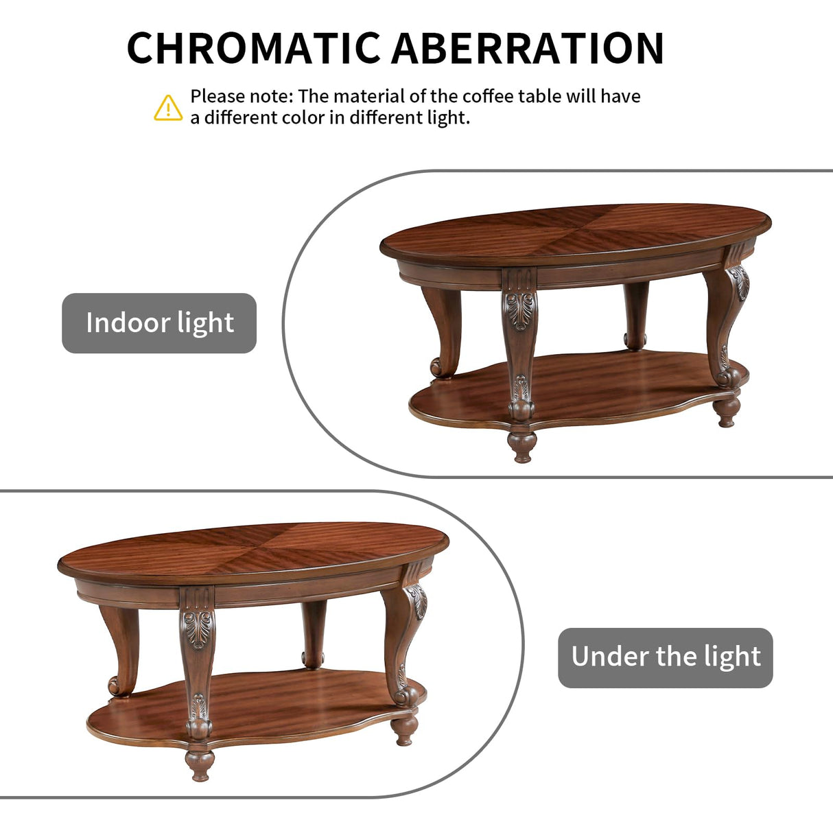 YWUFUART 42" Wood Coffee Table for Living Room Oval Coffee Table with Storage Shelf, Antique Table Legs with Elegant Carvings, Easy Assembly, Cherry YWUFUART