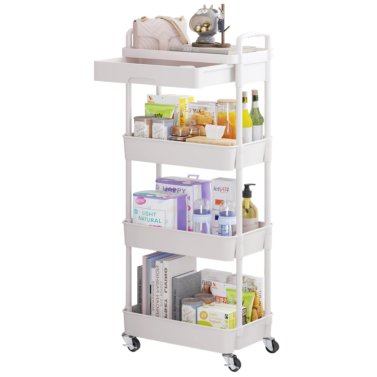Calmootey 4-Tier Rolling Utility Cart with Drawer,Multifunctional Storage Organizer with Plastic Shelf & Metal Wheel,Storage Cart for Kitchen,Bathroom,Living Room,Office,White Calmootey