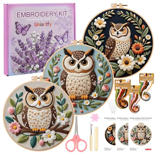 Uniartfy 3 Sets Embroidery Kit for Beginners with Owl Flower Pattern, Hand Needlepoint Kits for Adults, Embroidery Starter Kits with Hoops, Step by Step Video & Instructions, DIY Cross Stitch Kit
