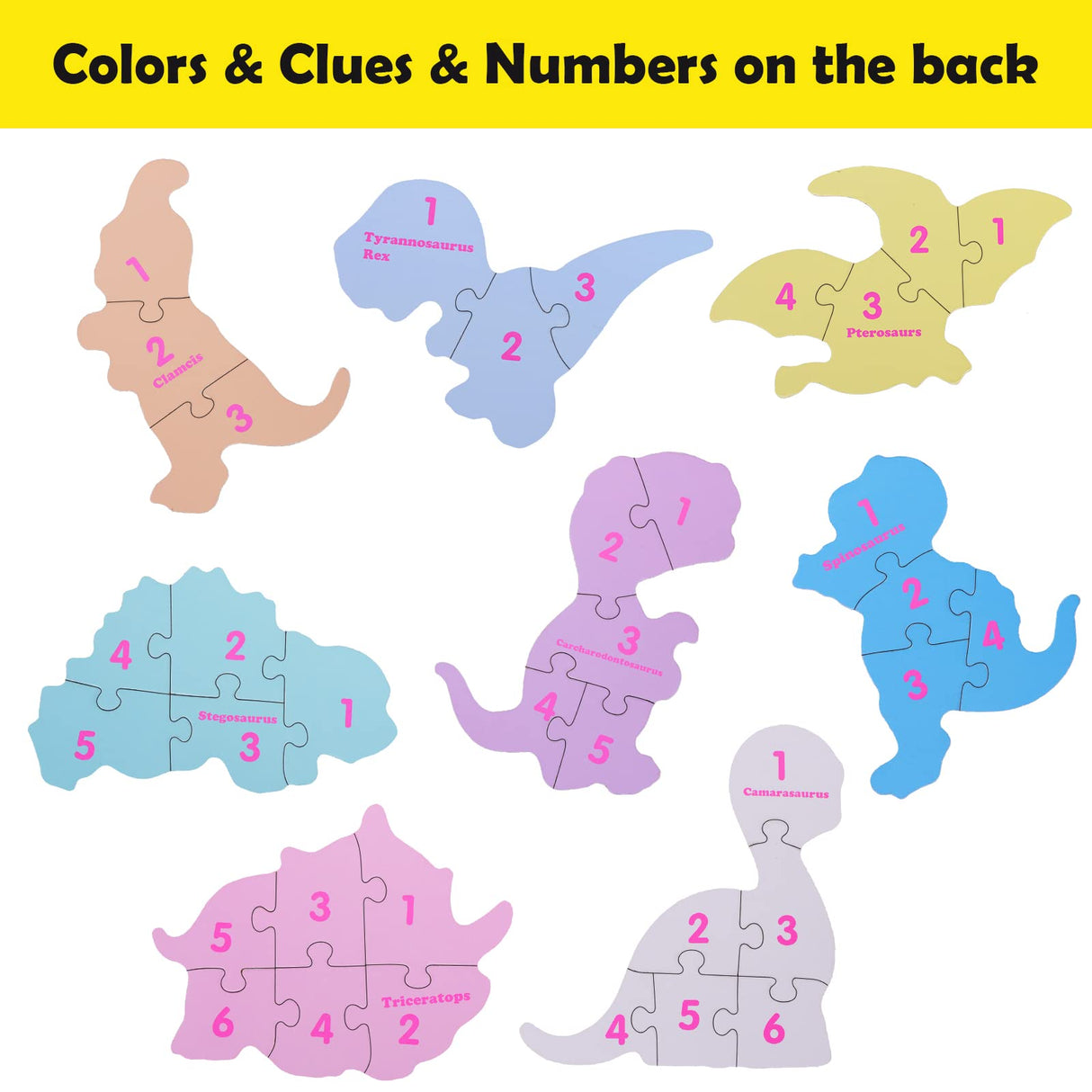 BEESTECH Beginner Dinosaur Puzzles for 2, 3, 4 Year Old Toddlers, 8 Pack Jigsaw Floor Puzzles, Educational Learning Puzzles for Toddlers, 8 Different Dinosaurs with Dinosaur World Map Beestech