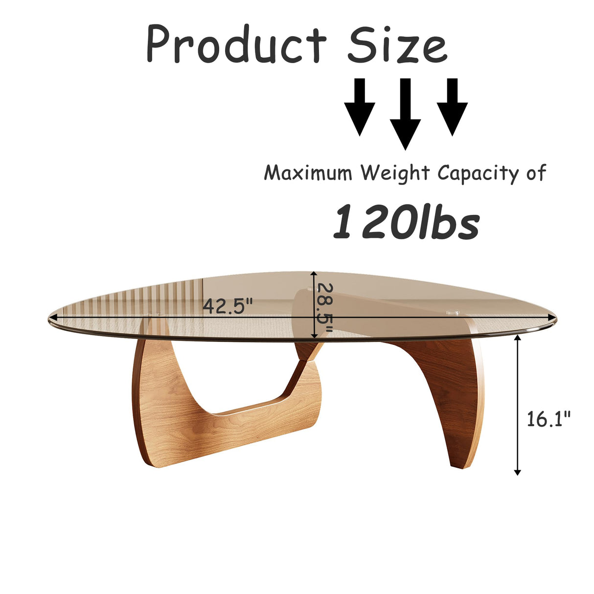 Honyee Morden Coffee Table, Tempered Glass Top Coffee Table with Wooden Legs, 42.5" x 28.5" x 16.1" Triangle Coffee Table for Living Room, Natural Wood Honyee