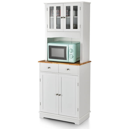 Giantex 67" Pantry Organizers and Storage, Tall Kitchen Cupboard with Drawers & Storage Cabinet, Freestanding Wooden Microwave Station with Glass Doors & Shelves, Buffet Hutch, White