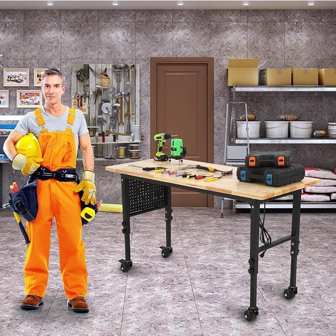 40 InAdjustable Heavy Duty Work Bench - 2000LB Rolling Workbench Capacity Rubber Wood Top with Power Outlets, Pegboard & Wheels for Garage, Workshop, Office Attracoast