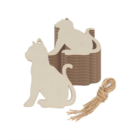 Creaides 20pcs Cat Wood DIY Crafts Cutouts Blank Wooden Cat Shaped Hanging Ornaments with Jute Twines Wood Tags for Baby Shower Wedding Birthday Party Decorations Creaides