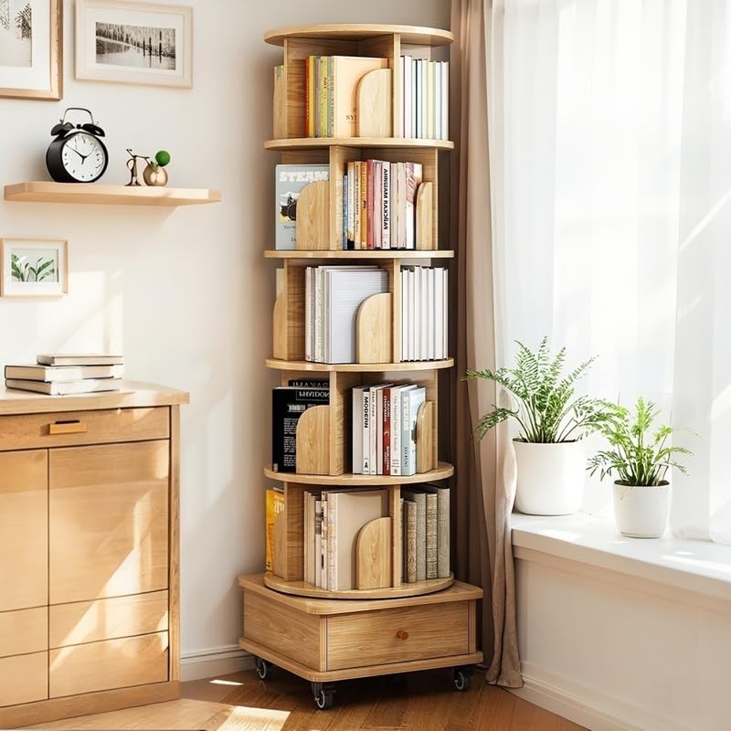 Dulamiy 6 Tier Rotating Bookshelf, 360° Display Round Spinning Bookshelf with Wheels and Drawer, Space-Saving, Small Space Rotating Book Shelf Tower for Bedroom, Living Room, Home, Office, Wood Color Dulamiy