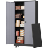 RAVIGIN Metal Garage Storage Cabinet with Wheels, 73" H Locking Tool Cabinet with 2 Doors and 4 Shelves, Tall Steel Cabinet for Garage, Heavy Duty File Cabinet for Office, School (Black Grey) RAVIGIN