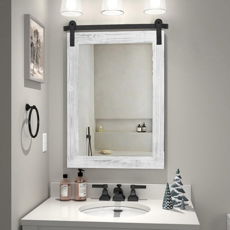 COGOOD Farmhouse Bathroom Mirror - 30 x 21 Rustic Wood Framed Wall Barn Door Mirror for Entryway, Living Room, Vanity Wall Decor (White) COGOOD