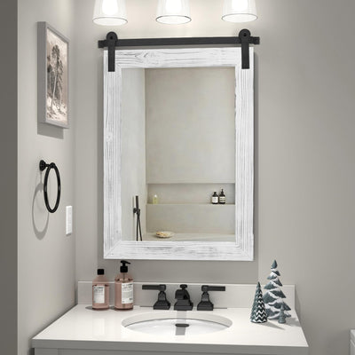 COGOOD Farmhouse Bathroom Mirror - 30 x 21 Rustic Wood Framed Wall Barn Door Mirror for Entryway, Living Room, Vanity Wall Decor (White)