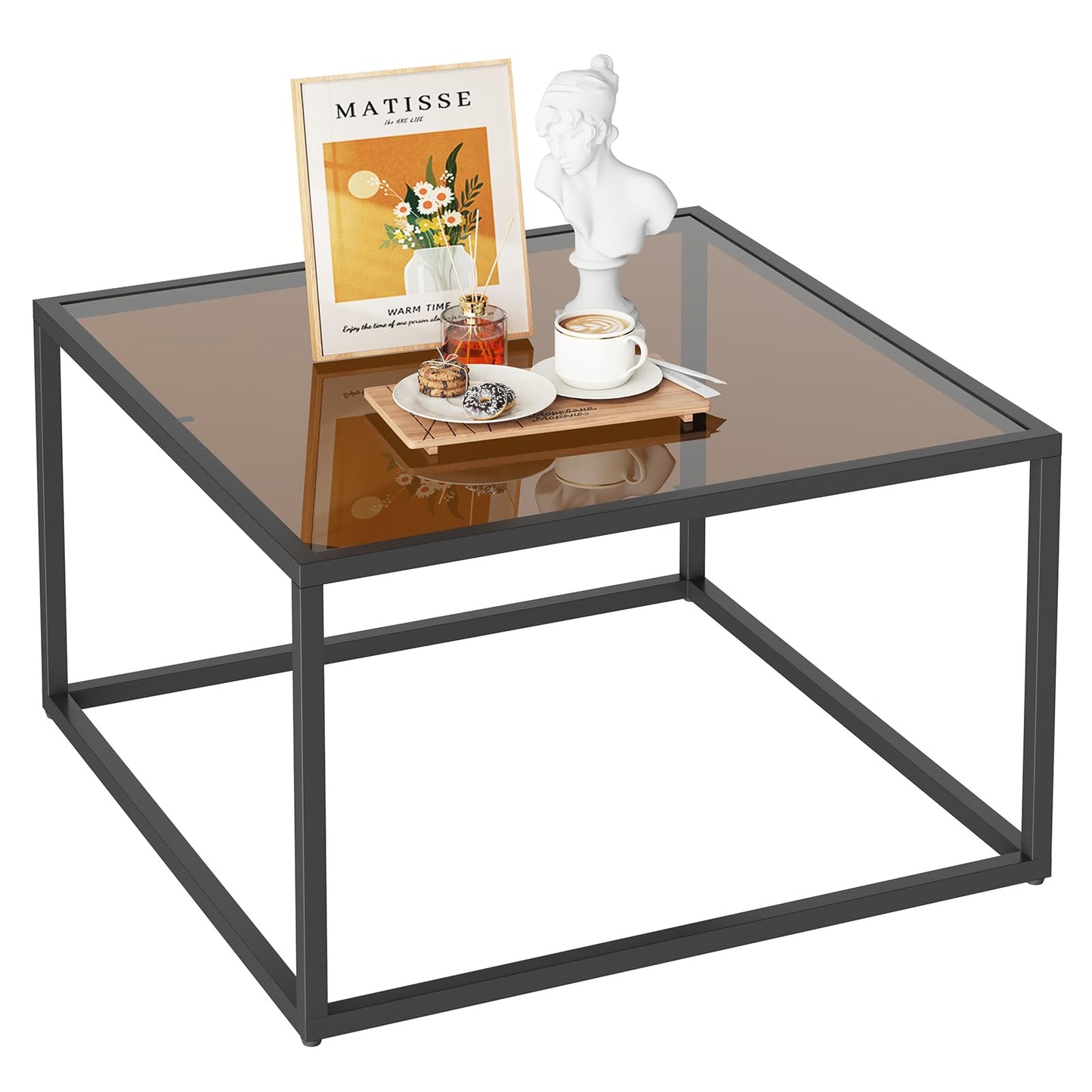 YMYNY Glass Coffee Table, Tempered Glass Square Coffee Tables with Metal Frame, Unique Modern Table for Living Room Home Office 26.77" x 26.77" x 15.75", Dark Brown, UHCT001T