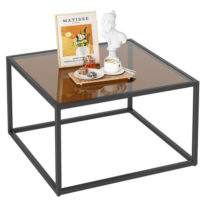 YMYNY Glass Coffee Table, Tempered Glass Square Coffee Tables with Metal Frame, Unique Modern Table for Living Room Home Office 26.77" x 26.77" x 15.75", Dark Brown, UHCT001T